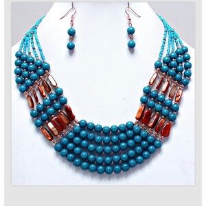 Necklace Earrings Chunky Bold Blue Faux Pearl Bead Multi Strand Jewelry Set